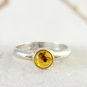 Sterling Silber 14K 14ct solid Gold baltischen Bernstein Ring mit seltenen fossilen Insekt, handgefertigt in UK, Bernstein Ring für Frauen, Gold Bernstein Insekt Schmuck