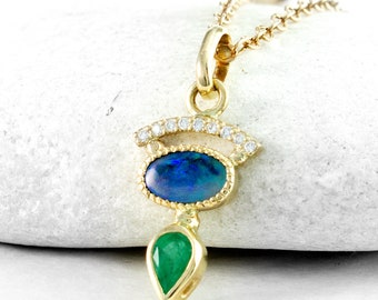 Opal Gold Pendant with Emerald and Diamonds, Designer Pendant by Nick Ovchinikov