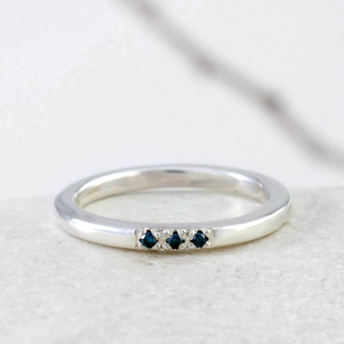 Shops Blue Diamonds Silver Ring, Handmade Minimalist Modern Wedding Band with Natural Blue Diamonds by Nick Ovchinikov