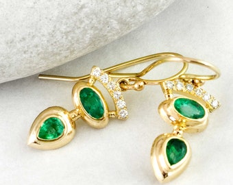 Emerald Diamond Earrings, 14ct Gold Designer Drop Earrings by Nick Ovchinikov, Handmade in Sheffield