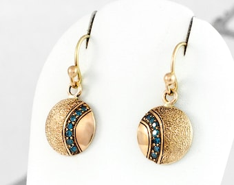 Blue Diamond Earrings, 14ct Gold Drop Earrings by Nick Ovchinikov, Hand Engraved Hand Textured in Sheffield