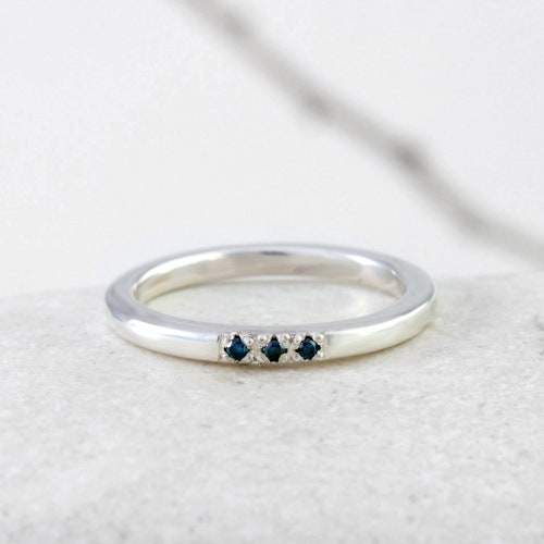 Shops Blue Diamonds Silver Ring, Handmade Minimalist Modern Wedding Band with Natural Blue Diamonds by Nick Ovchinikov