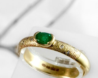 Emerald Gold Ring, Hand Textured Designer Emerald Diamond Ring by Nick Ovchinikov, Fabulous Unique Handmade Engagement Ring