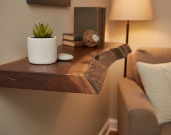 Custom Walnut Live Edge Floating Shelf | Rustic Wood Bookshelf, Mantle