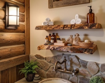 May include: Two natural live-edge wooden floating shelves mounted on a wall. The top shelf holds white rolled towels and an amber glass soap dispenser. The bottom shelf features various glass bottles, small linen bags, a wooden tray, and a woven basket.