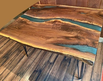 Aged Live Edge Black Walnut Epoxy Resin Table|Modern Rustic Table|Live Edge Walnut Coffee Table with Epoxy River Pour|Wood & Epoxy Table