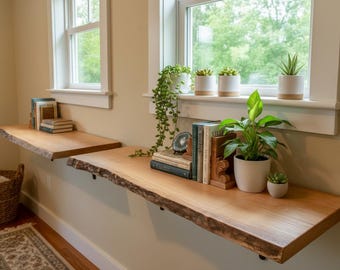 Set of 2 American Sycamore Live Edge Floating Shelves – Rustic Modern Wood Décor