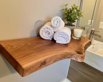 Custom Live Edge Chestnut Narrow Floating Shelf | Rustic Farmhouse Wood Wall Shelf