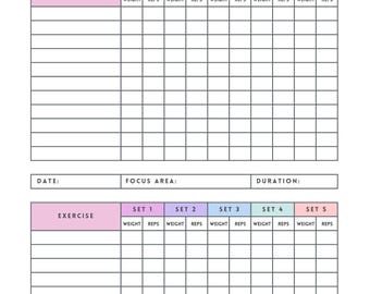 May include: A white workout planner with the text "WORKOUT PLANNER" at the top. The planner has sections for date, focus area, and duration. It includes space to track exercises, sets, weight, and reps.