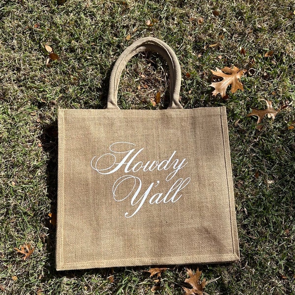 Howdy Y'all Large Jute Burlap Gift Bags | Wedding Welcome Tote | Hotel Gift Bags | Wedding Favors | Guest | Bachelorette | Destination Texas