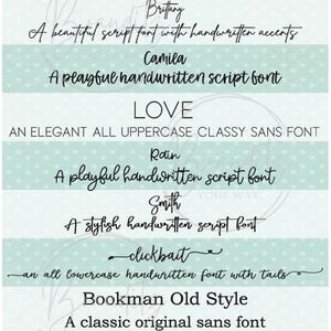 Op de afbeelding: Een afbeelding met verschillende lettertypestijlen, waaronder script- en schreefloze lettertypen. Elk lettertype wordt weergegeven met zijn naam en een korte beschrijving, zoals "A beautiful handwritten script font with tails" en "A clean & bold sans font."