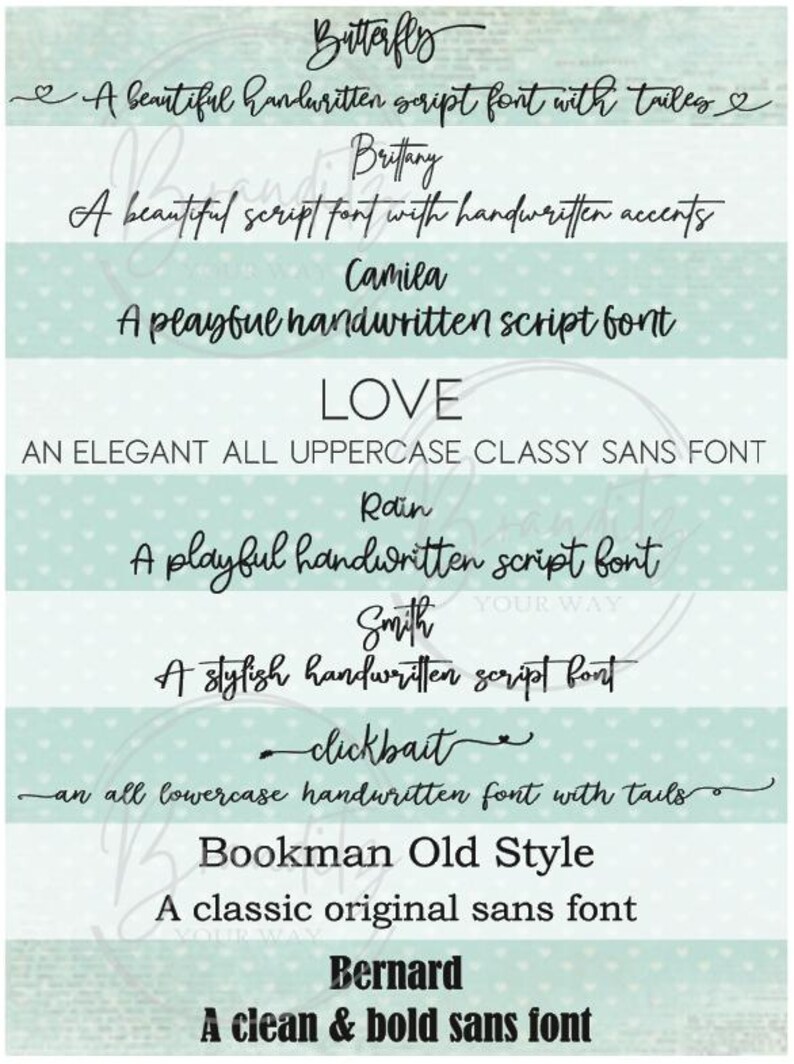 Op de afbeelding: Een afbeelding met verschillende lettertypestijlen, waaronder script- en schreefloze lettertypen. Elk lettertype wordt weergegeven met zijn naam en een korte beschrijving, zoals "A beautiful handwritten script font with tails" en "A clean & bold sans font."