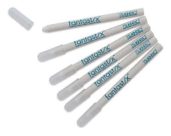 May include: Six white fabric markers with blue lettering that reads "fantast/x" and a white cap. The markers are arranged in a row with the caps facing the viewer.