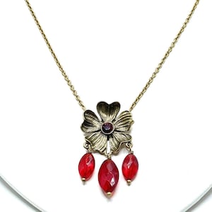 Vintage Pilgrim Danish Design Gold Poppy Crystal Red Dangle Necklace