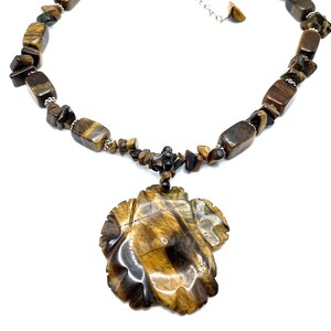 Tiger Eye Collar Necklace Carved Flower Pendant Beaded Vintage Artisan Statement