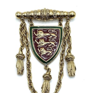 Vintage Gold Three Lions Heraldic Coat of Arms Dangles Scrolls Enamel Intricate