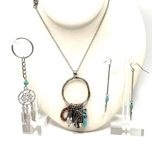 Native Tree Of Life Charm Silver Necklace Feather Earrings Keyfob Jewelry Set