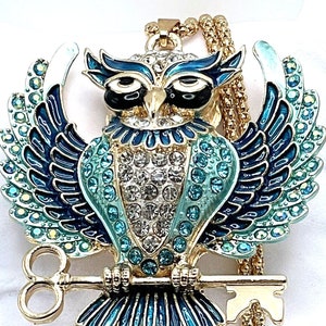 Betsey Johnson Blue AB Crystal Enamel Owl Perched on Golden Key Necklace RETIRED