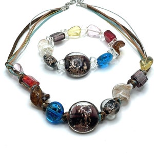 Sommerso Murano Glass Collar Necklace and Bracelet Set Multicolor Boho