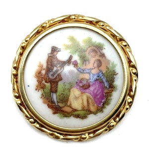 Limoges Brooch France Porcelain Handpainted Courting Couple Gold Vintage ESTATE