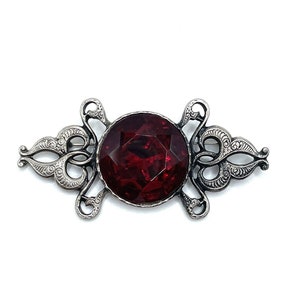 Vintage Victorian Gothic Blood Red Silver Scrolled Ornate Brooch Pin Large Bold