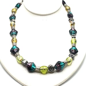 Murano Sommerso Art Glass Peacock Gold Silver Toggle Beaded Necklace Vintage