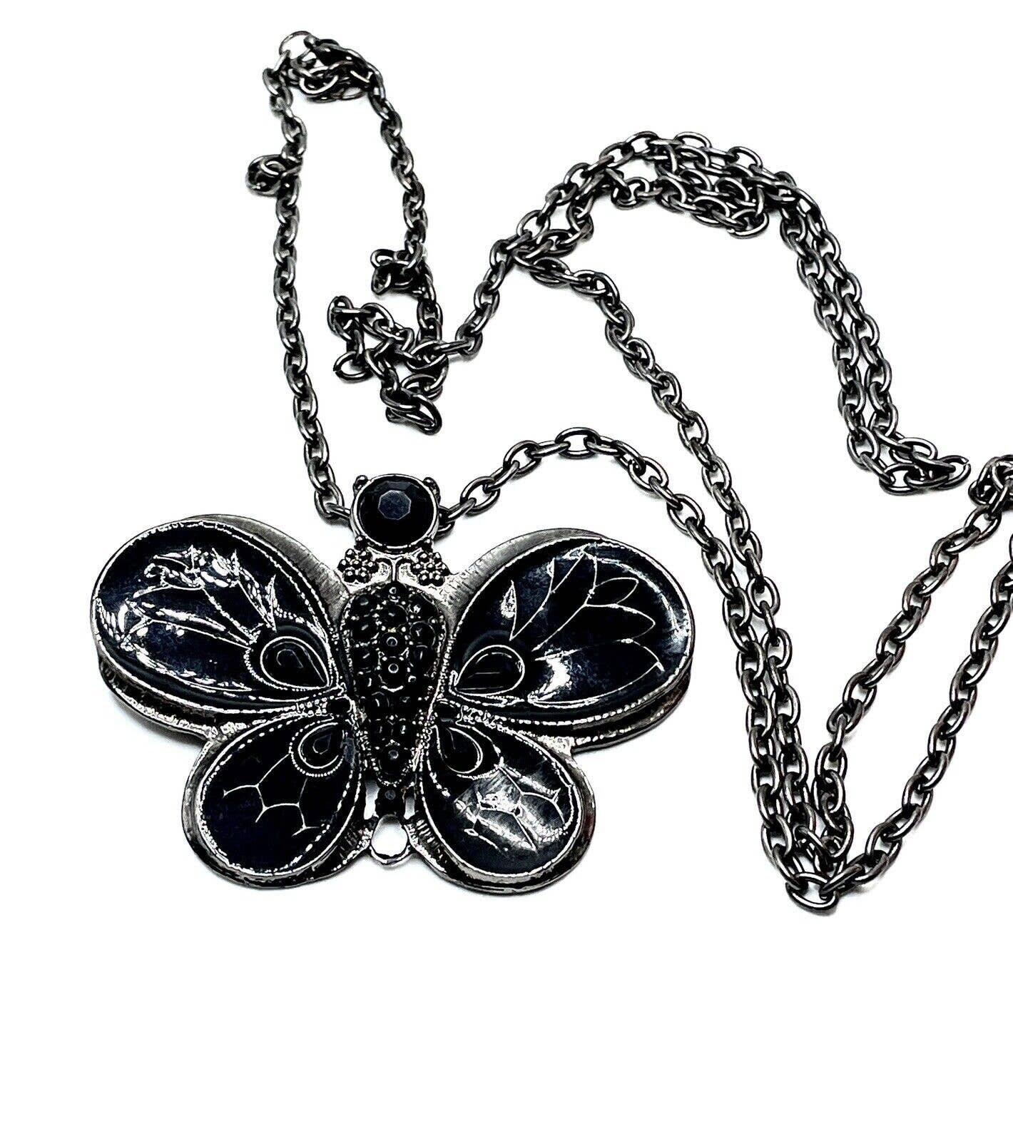 Gothic Punk Black Enamel Crystal Pagan Butterfly Pendant