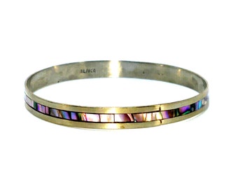 Vintage Sterling Silver ALPACA Mexico Abalone Inlay Bangle Bracelet