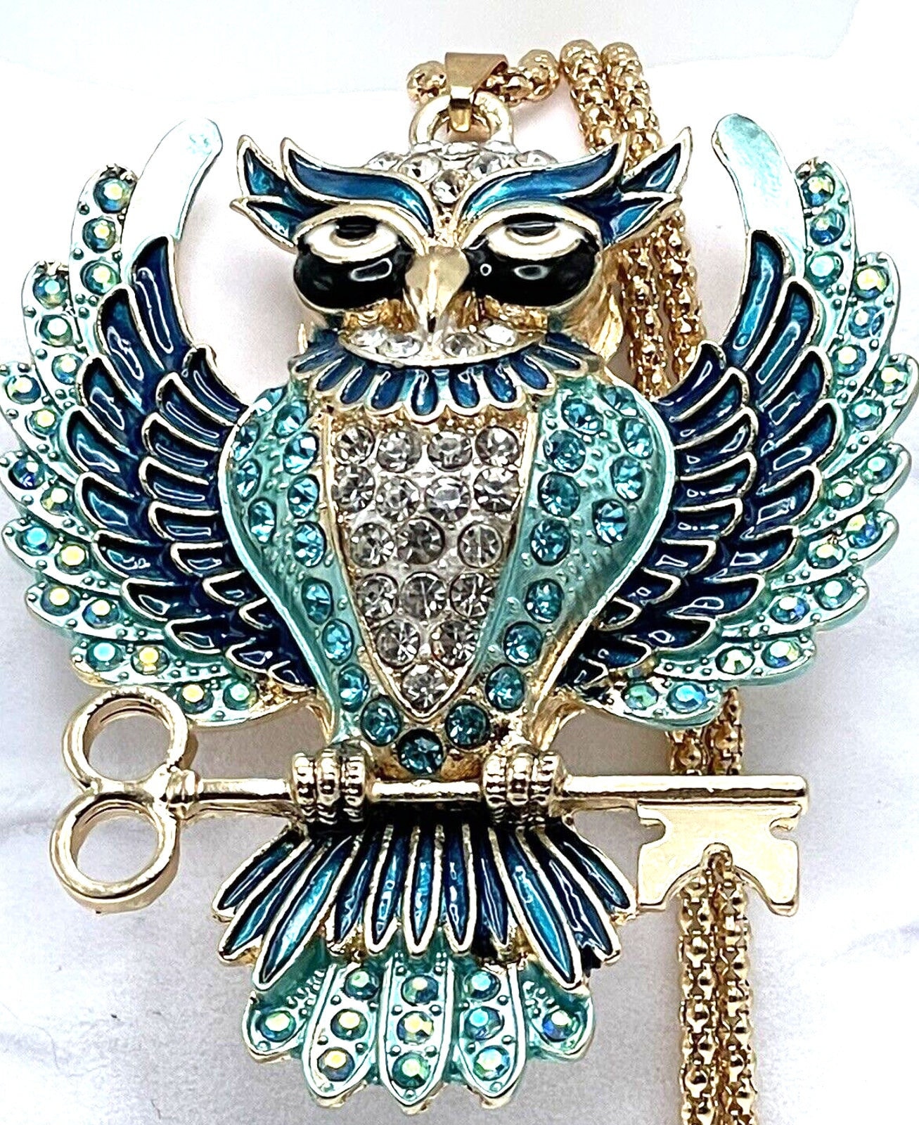 Betsey Johnson Blue AB Crystal Enamel Owl Perched on Golden Key Necklace RETIRED