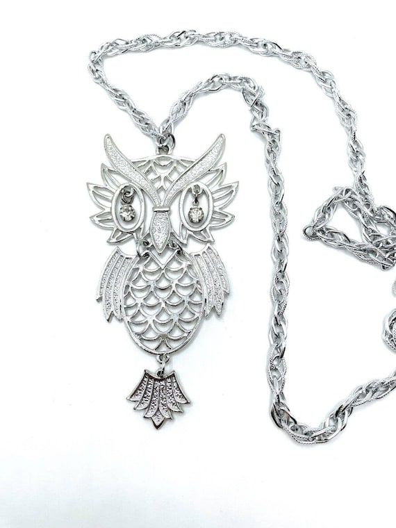 Silver Articulated Owl Openwork Crystal Eyes Stat… - image 1