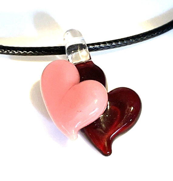 Vintage Lampwork Art Glass Puffed Double Heart Pi… - image 2