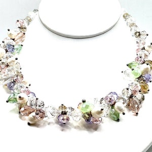Swarovski Crystal Multicolor Pastel Cluster Freshwater Pearl Collar Necklace Set Vintage