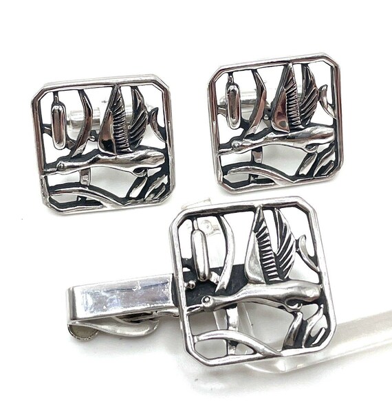 Silver Flying Ducks Figural Openwork Cuff Links T… - image 3