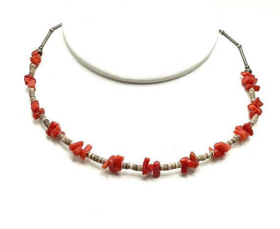Native American Rare Chunky Squared Coral Vintage Santo Domingo Sterling Silver Heishi Necklace Native American Rare Chunky Squared Coral Vintage Santo Domingo Sterling Silver Heishi Necklace