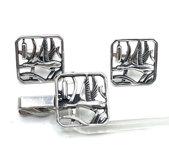 Silver Flying Ducks Figural Openwork Cuff Links T… - image 2
