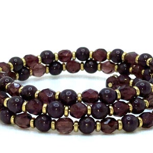 Purple Glass Bracelet Beaded Bangle Wire Plum Raspberry