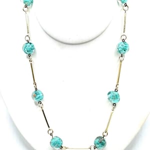 Murano Sommerso Lampwork Art Glass Gold Aqua Beaded Station Necklace Vintage