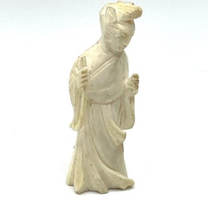 Vintage Carved Bovine Bone Figural Ancient Asian Man Stands To Ponder Pin Brooch