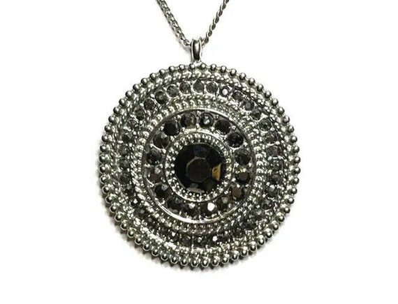 NY&Co Necklace Silver Medallion Chrome Crystal Te… - image 1