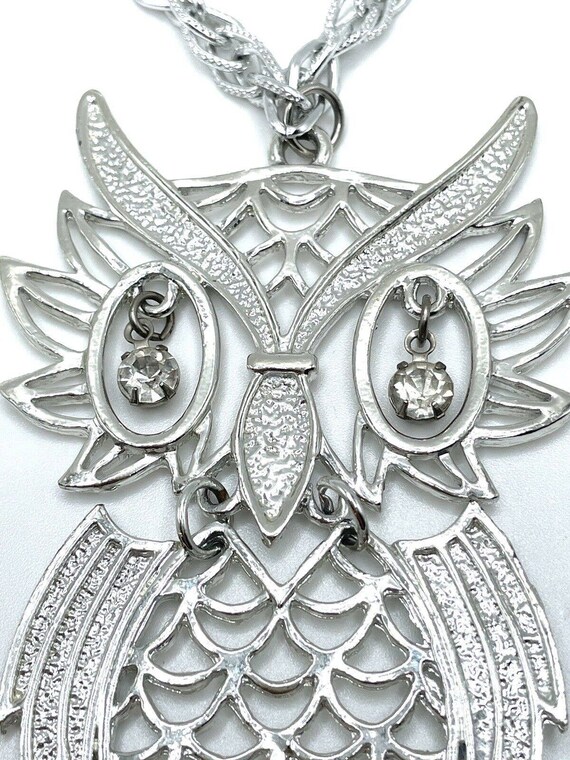 Silver Articulated Owl Openwork Crystal Eyes Stat… - image 6