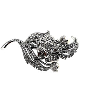 Kenneth Jay Lane Avon Silver Marcasite Crystal Pearl Floral Brooch Vintage KJL