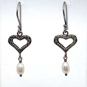 Sterling Open Heart Pearl Drop Dangle Dainty Earrings