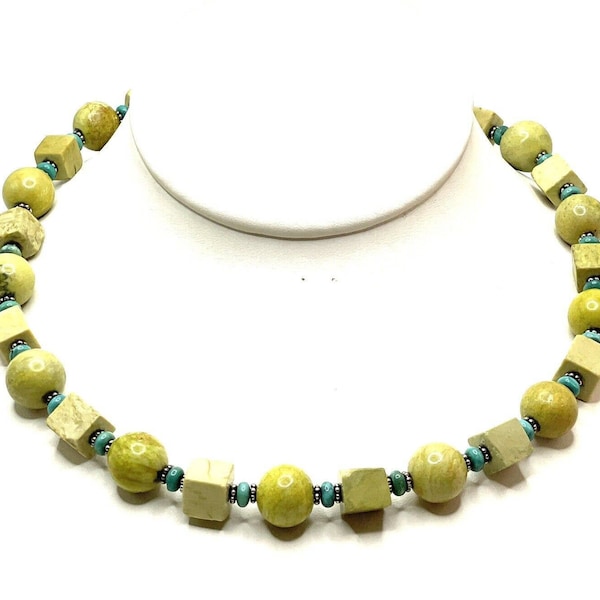 Paige Wallace Sterling Silver Olive Jade Turquoise Southwestern Beaded Necklace