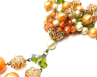 Antiek Art Deco Groen Oranje Goud Kralen Kwastje Verklaring Ketting Veelkleurig Kristal Parelglas Goud Filigraan