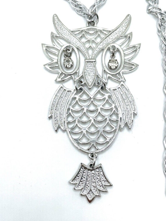 Silver Articulated Owl Openwork Crystal Eyes Stat… - image 3