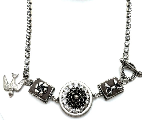Gothic Steampunk Necklace Toggle Silver Crystal F… - image 1