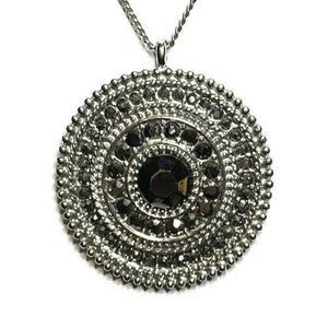 NY&Co Gothic Silver Crystal Saturn Medallion Chrome Textured SOL Talisman 28” Y2K