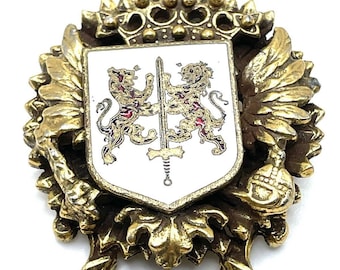 Vintage Heraldic Coat of Arms Standing Lions Laurels Fleur De Lis Brooch Pin