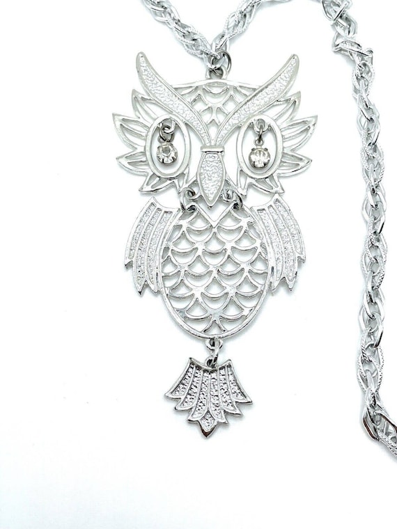Silver Articulated Owl Openwork Crystal Eyes Stat… - image 2