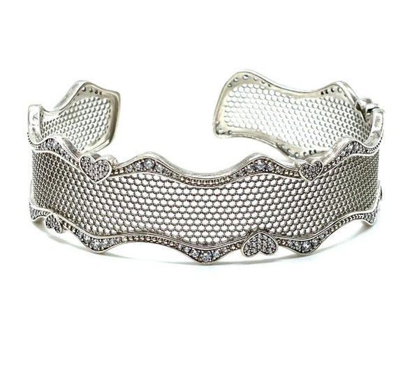 Pandora Sterling Silver Lace Mesh CZ Cuff Bracelet B1 S925
